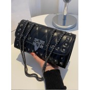 Black Quilted Shoulder Bag With Chain