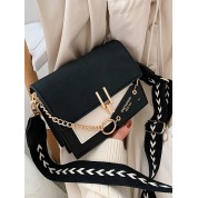 Black Leather Flap Over Shoulder Bag