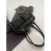 Black Leather Shoulder Bag With Pockets