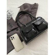 Black Leather Shoulder Bag With Pockets