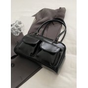 Black Leather Shoulder Bag With Pockets