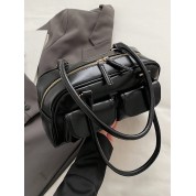 Black Leather Shoulder Bag With Pockets