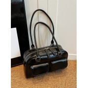 Black Leather Shoulder Bag With Pockets