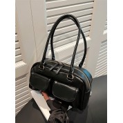 Black Leather Shoulder Bag With Pockets