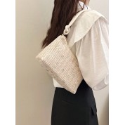 Zippered Straw Bag With Shoulder Strap