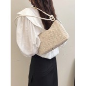 Zippered Straw Bag With Shoulder Strap